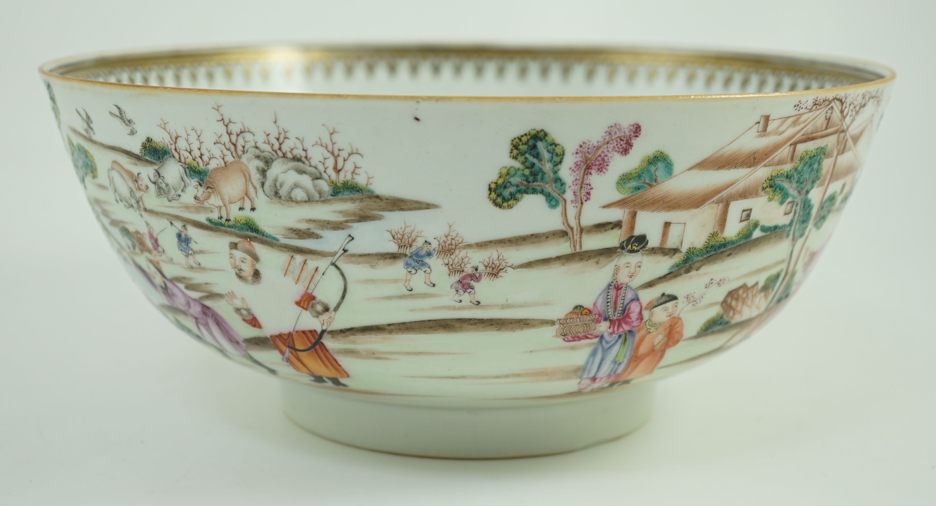 Chinese export famille rose fencai ‘Imperial Hunt’ punch bowl, Qianlong period, 26.4cm diameter